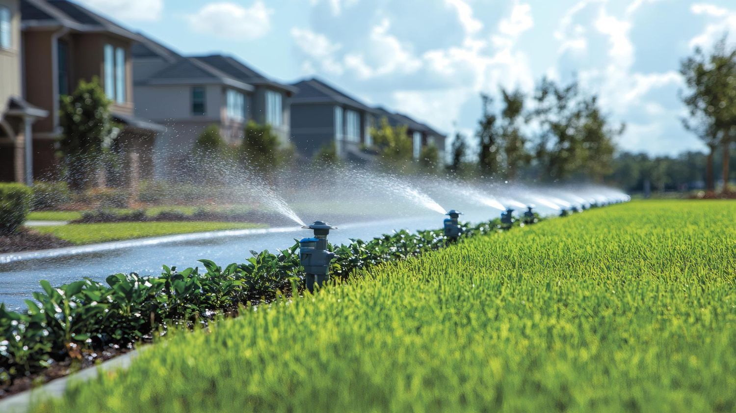 Lawn sprinkler spraying water across a green suburban lawn beside houses on a sunny day
