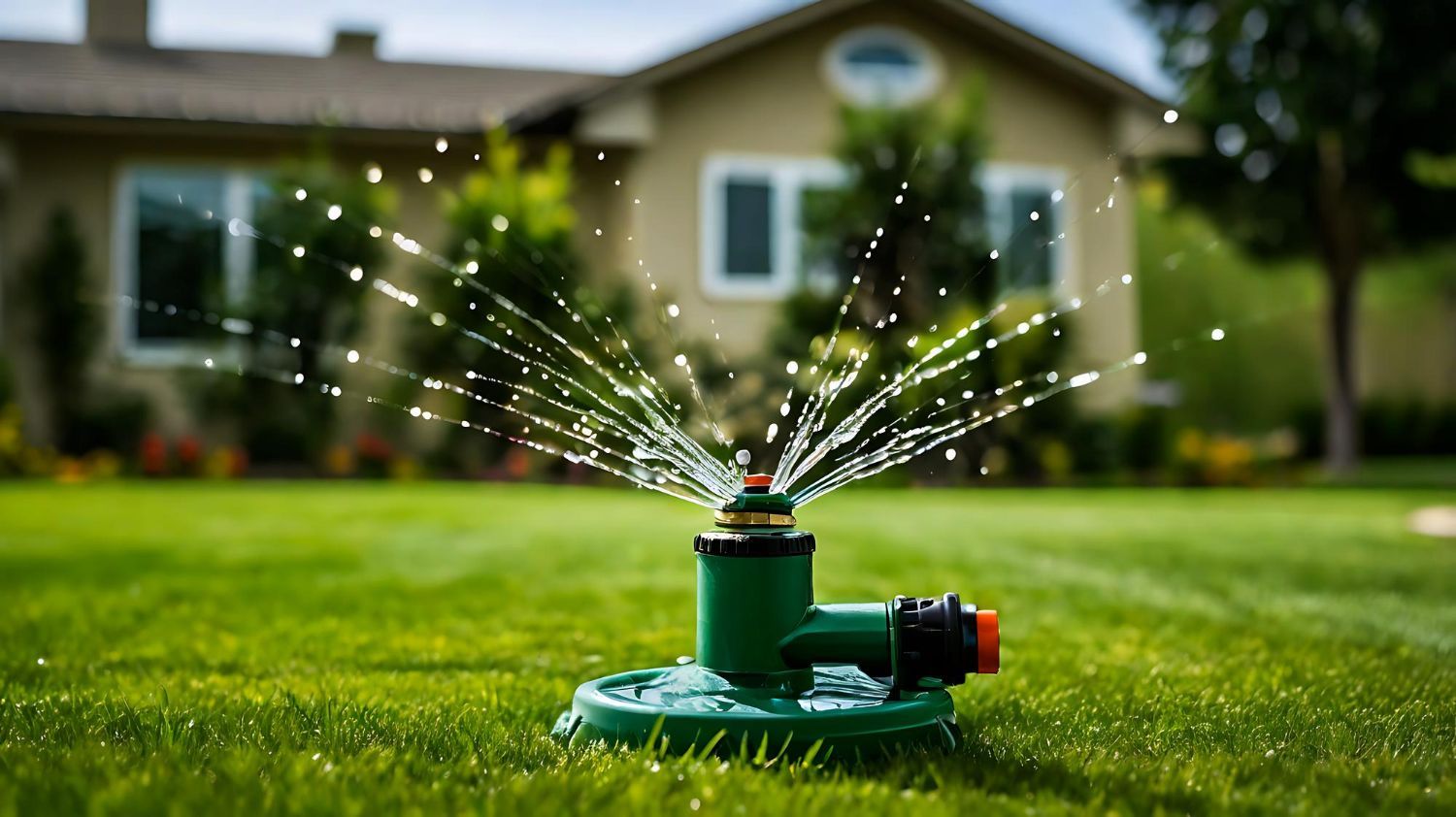 Sprinkler spraying water on green lawn in front of a house.