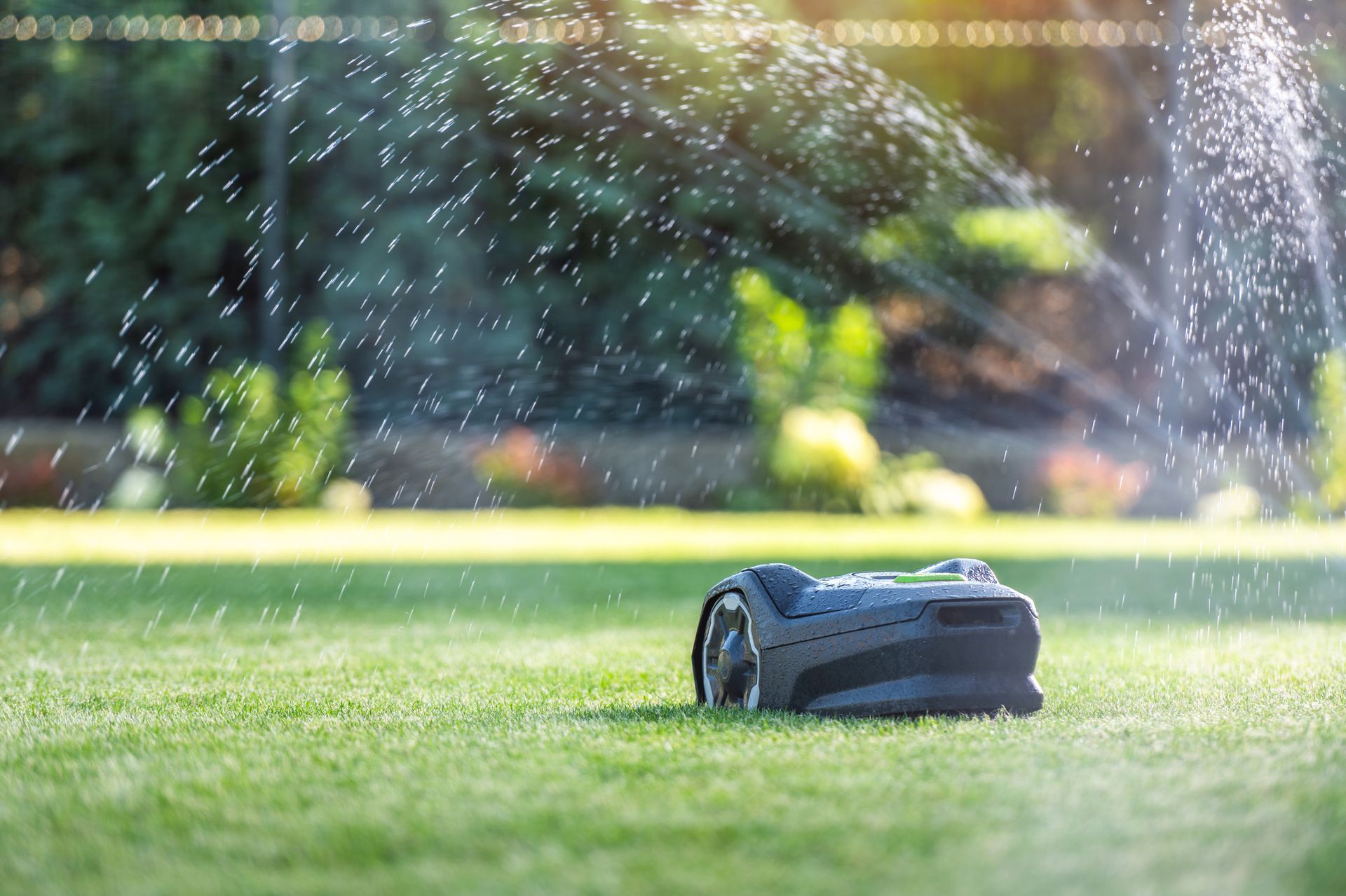 Robotic lawnmower on a green lawn with a sprinkler spraying water on a sunny day.