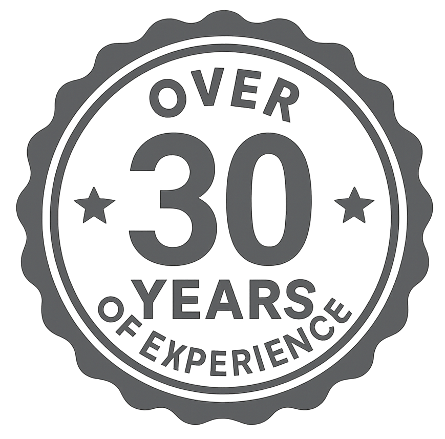 A seal with the words `` over 30 years of experience '' written inside of it.