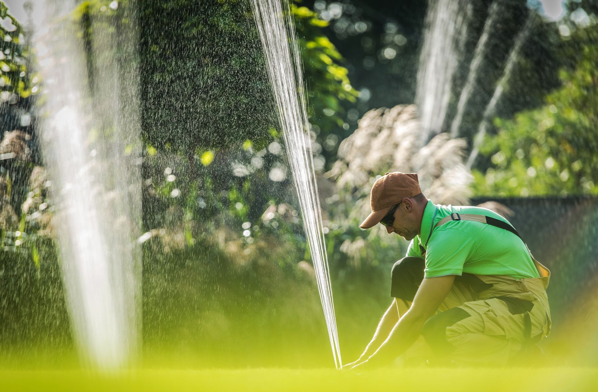 Man in green shirt adjusts a sprinkler on a lawn, water spraying.