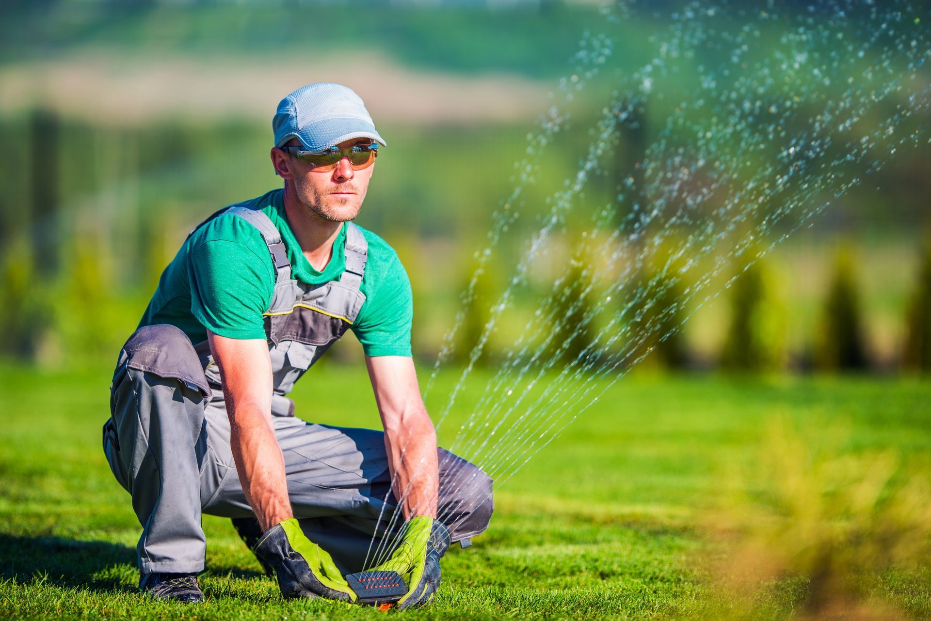 Man in work clothes adjusts a lawn sprinkler on green grass, outdoors.