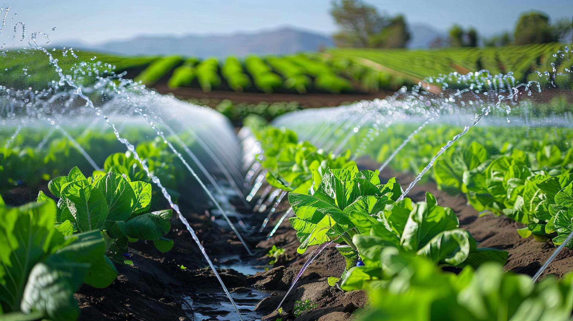Rows of lettuce being watered by sprinklers in a green field with mountains in the background.