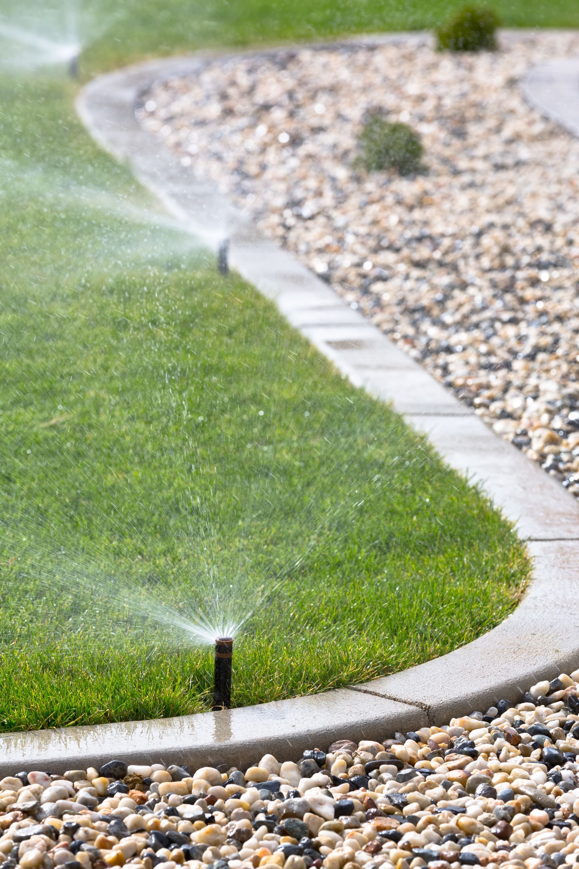A lawn sprinkler is spraying water on a lush green lawn.