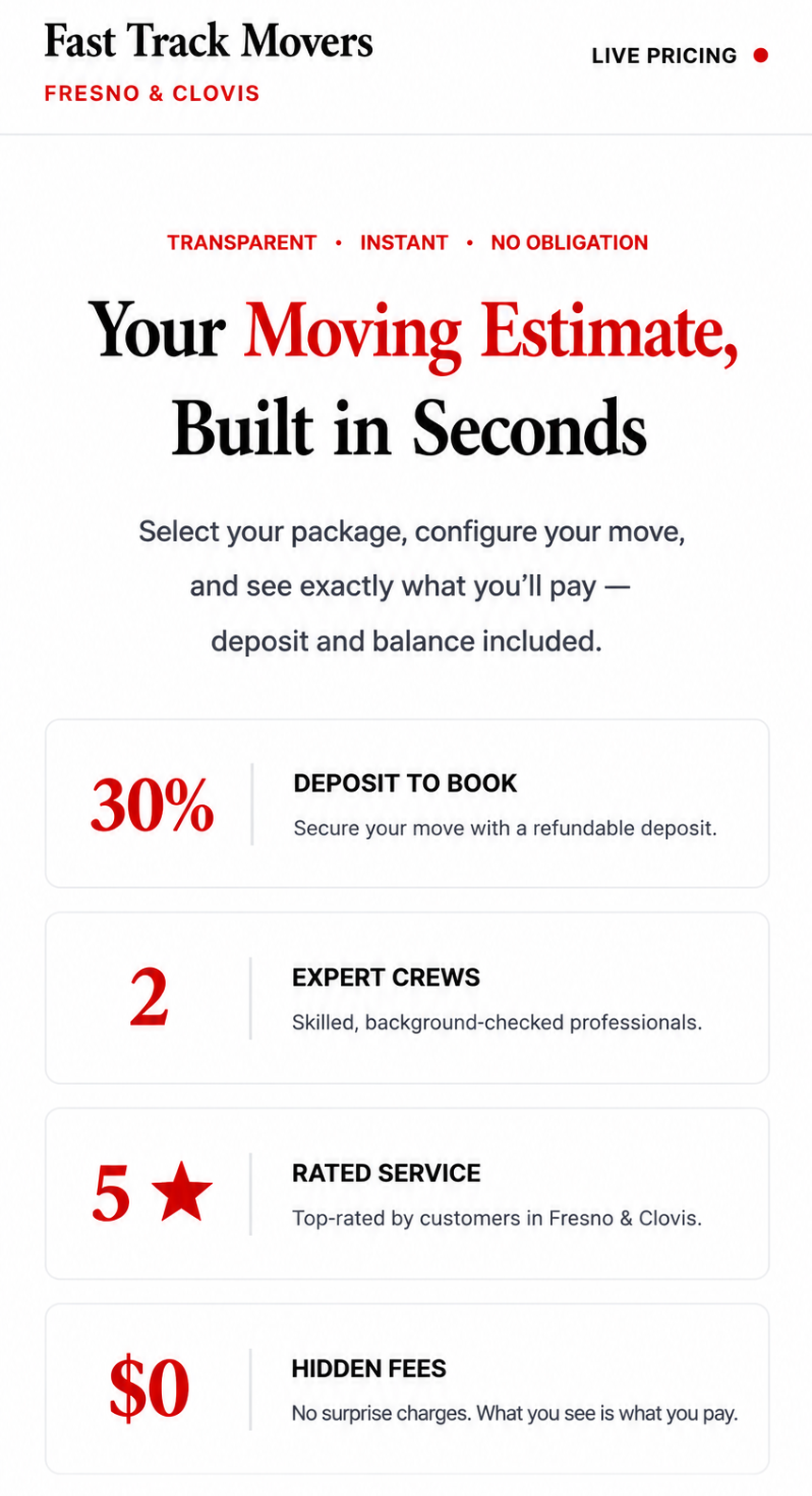 Fast Track Movers webpage with red “Your Moving Estimate, Built in Seconds” headline and service stats.