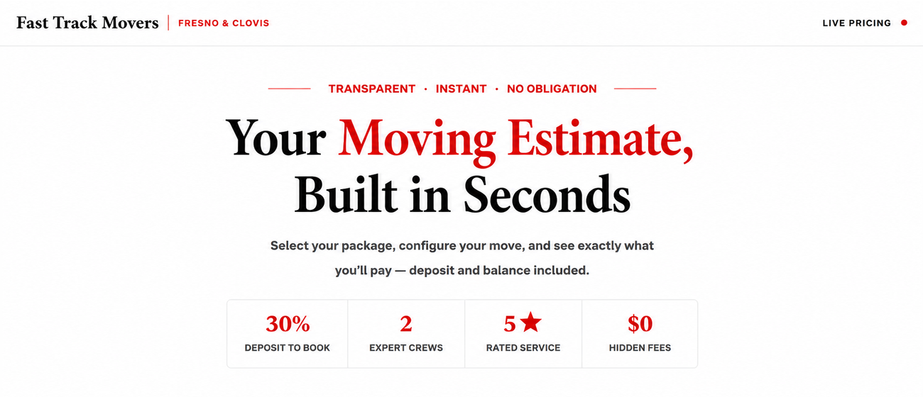 Moving company homepage with headline “Your Moving Estimate, Built in Seconds” and red stats below