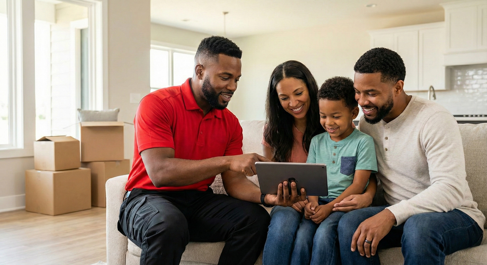 Family sitting on a couch and looking at a tablet in a bright living room with moving boxes