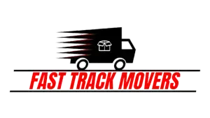 Fast Track Movers logo with black moving truck and red text on white background