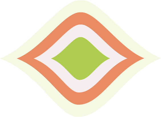 Um design em camadas, em formato de diamante, com cores alternadas: verde-claro, coral, branco e verde-limão.