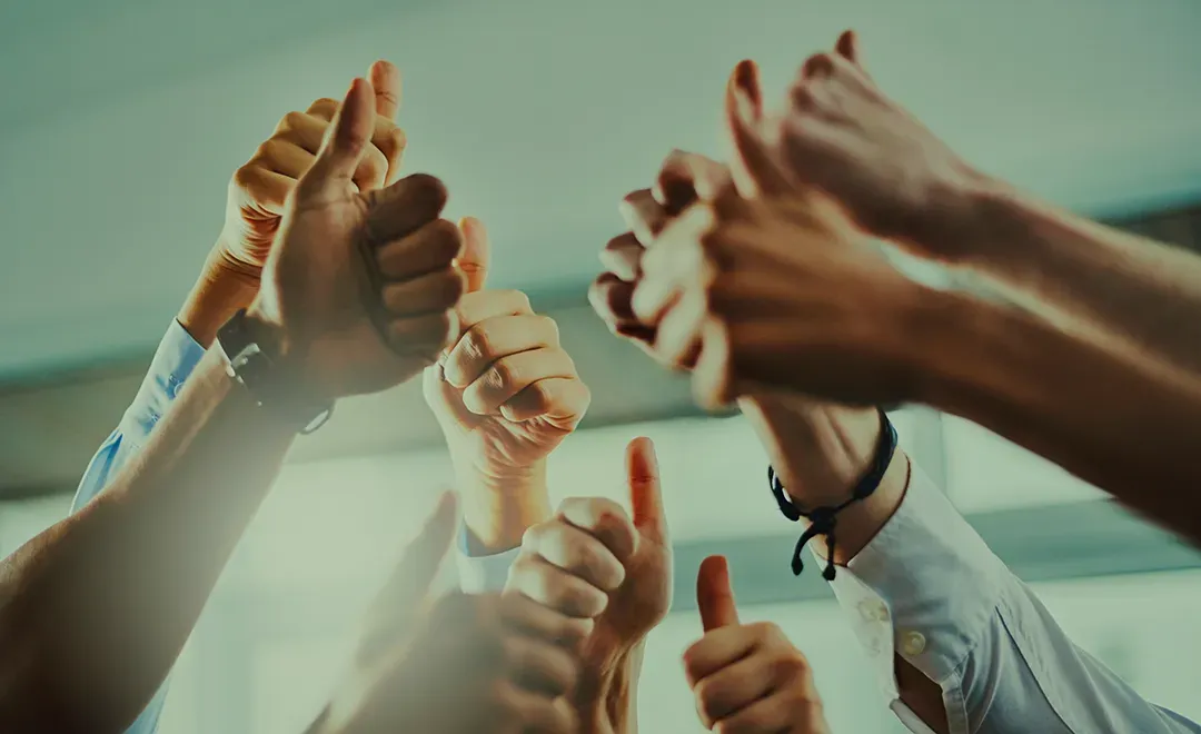 Mãos fazendo sinal de positivo, provavelmente comemorando um sucesso ou demonstrando aprovação.