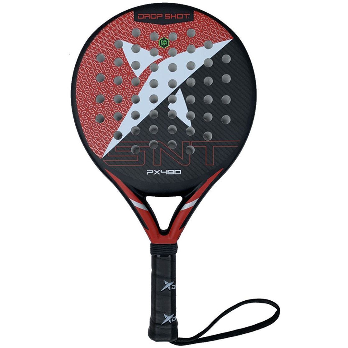 Een rood en zwart padelracket met een zwarte handgreep