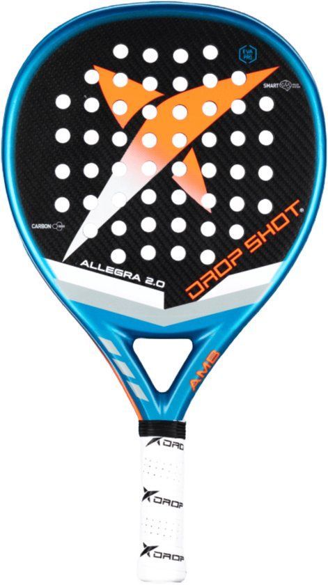 Een blauw en oranje drop shot padel racket op een witte achtergrond