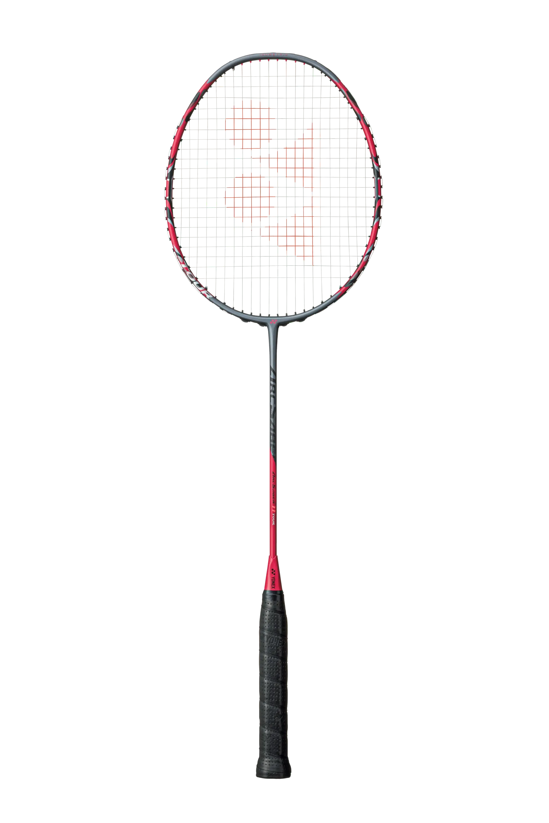 Een close-up van een badmintonracket op een witte achtergrond.