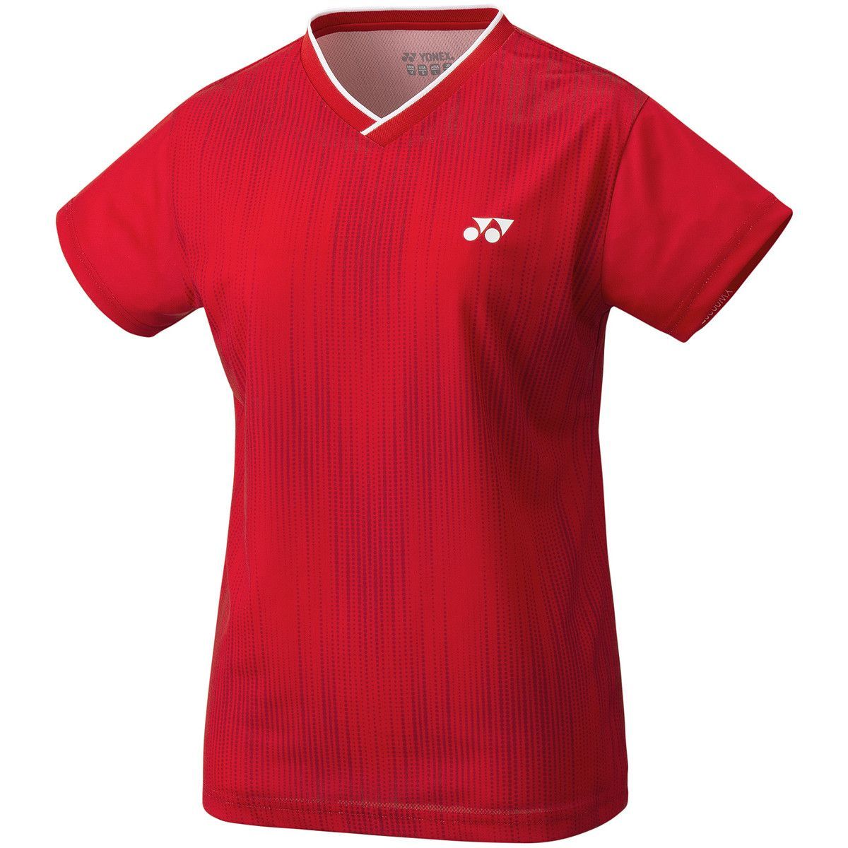 Een rood t-shirt met een wit yonex-logo op de voorkant