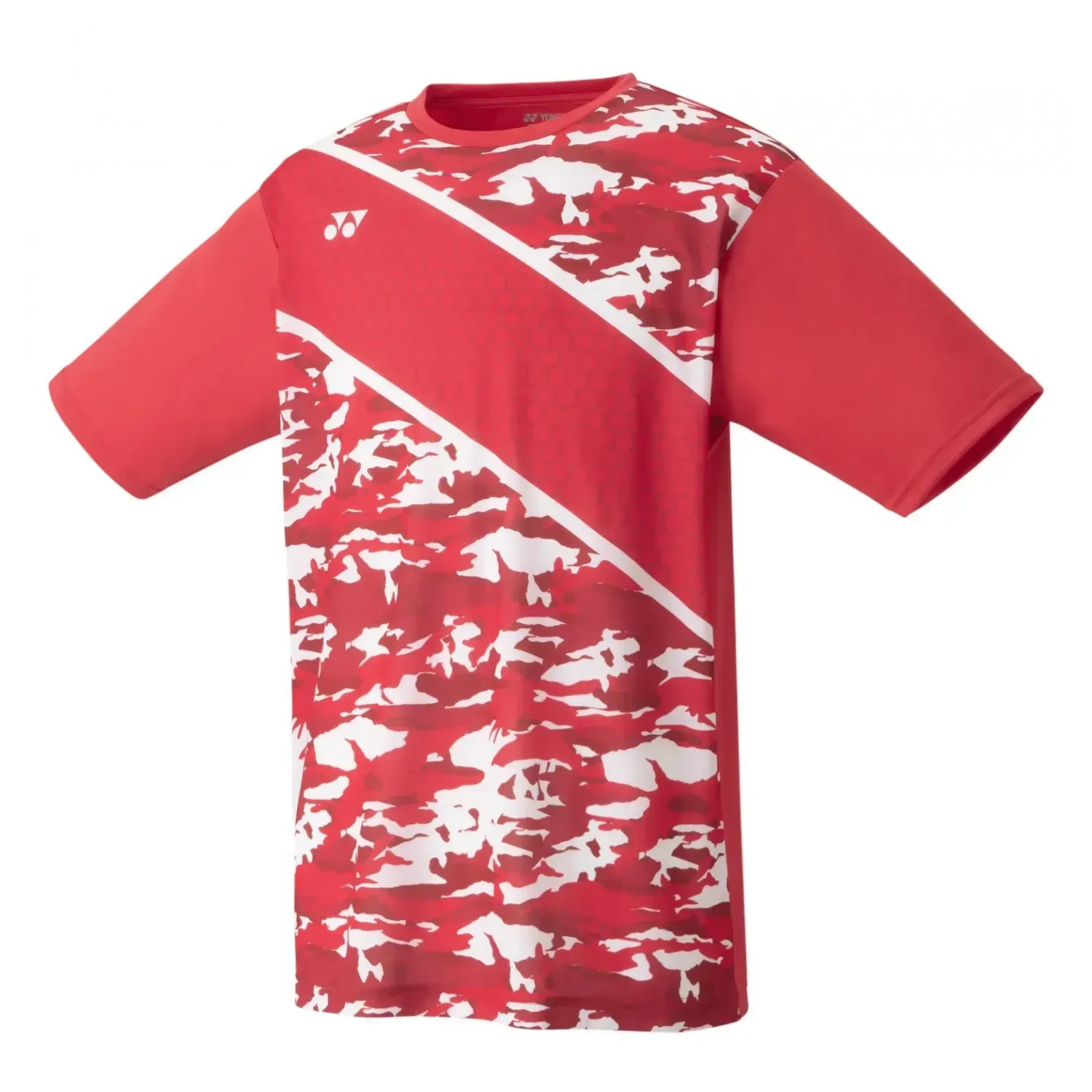 Een rood t-shirt met een wit camouflagepatroon erop
