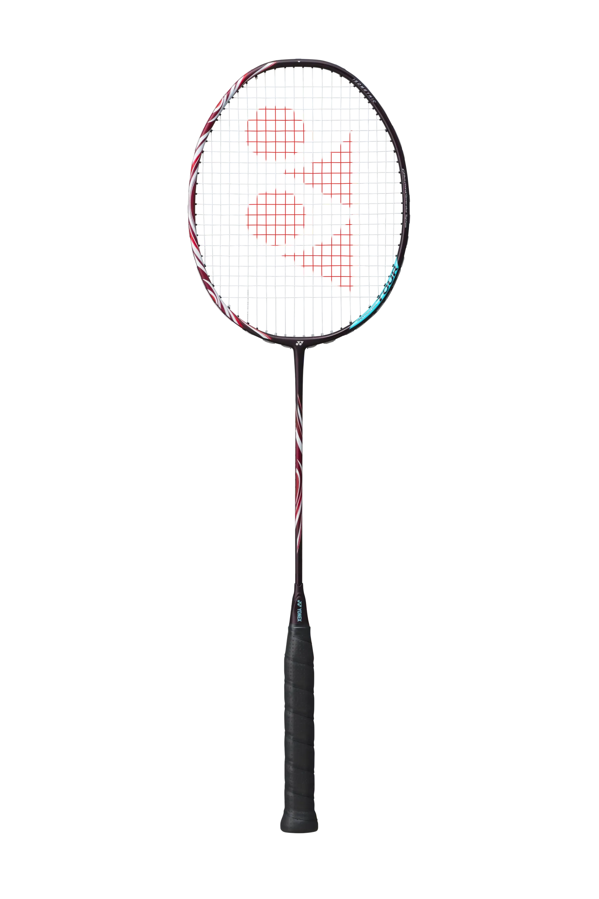 Op een witte achtergrond is een badmintonracket van Yonex te zien.
