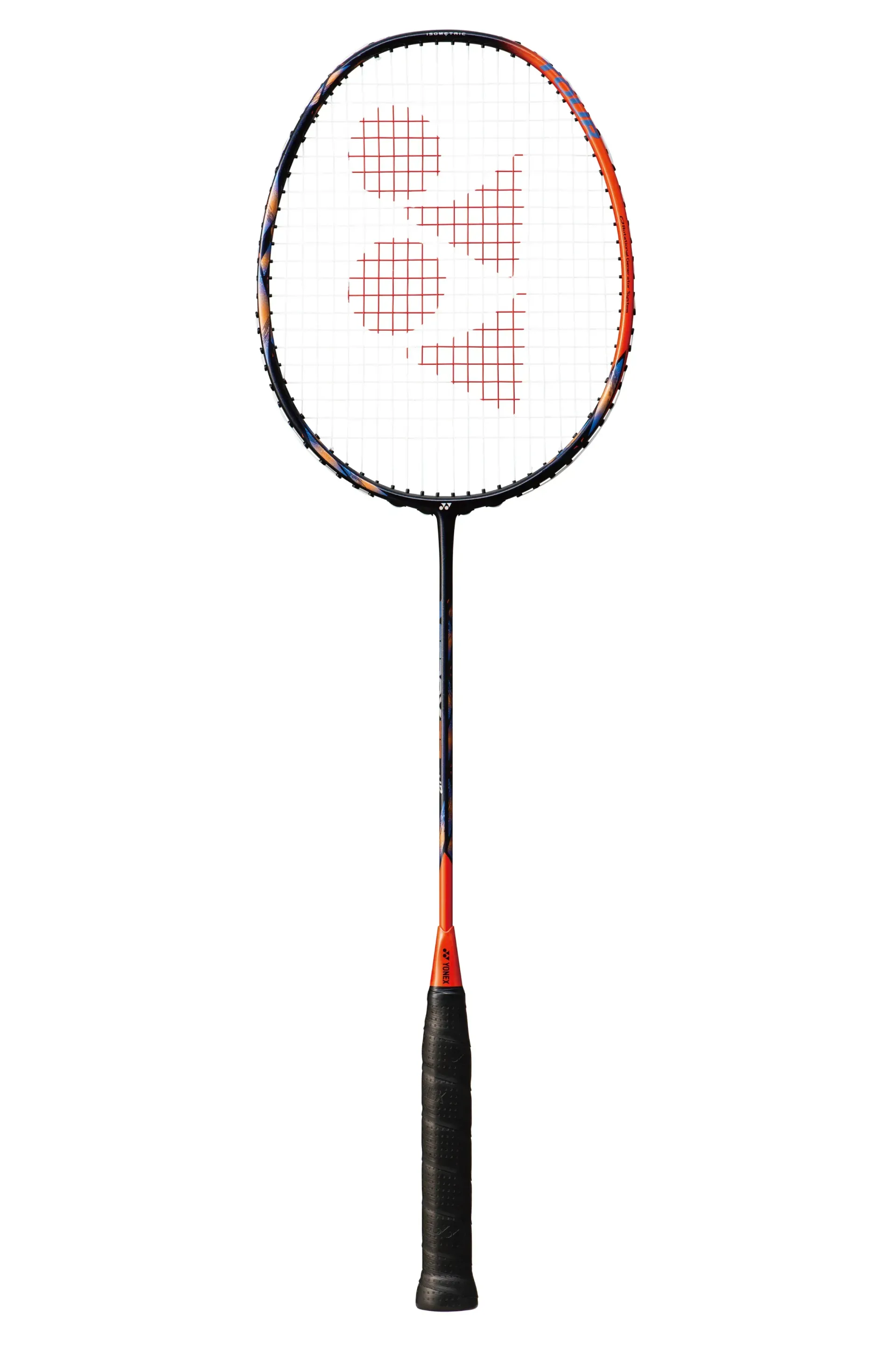 Op een witte achtergrond is een badmintonracket van Yonex te zien.