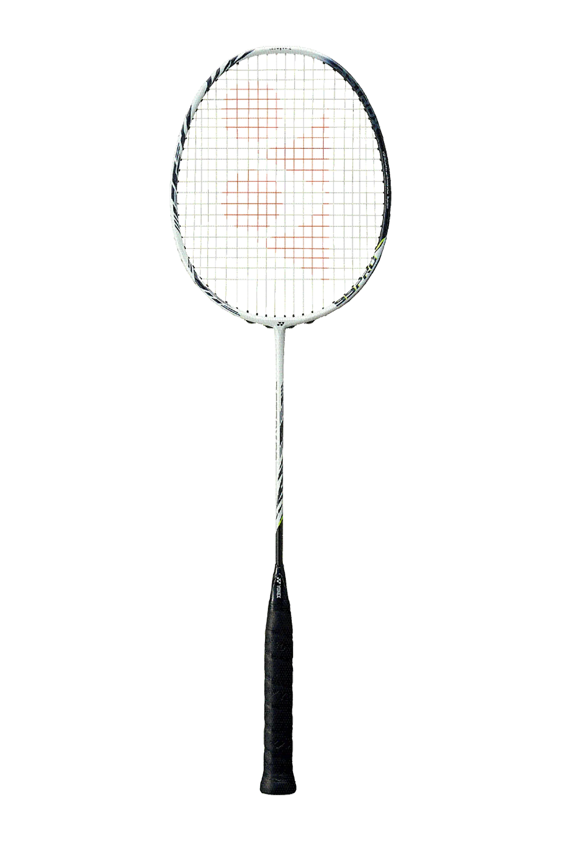 Een badmintonracket met een zwarte handgreep op een witte achtergrond.