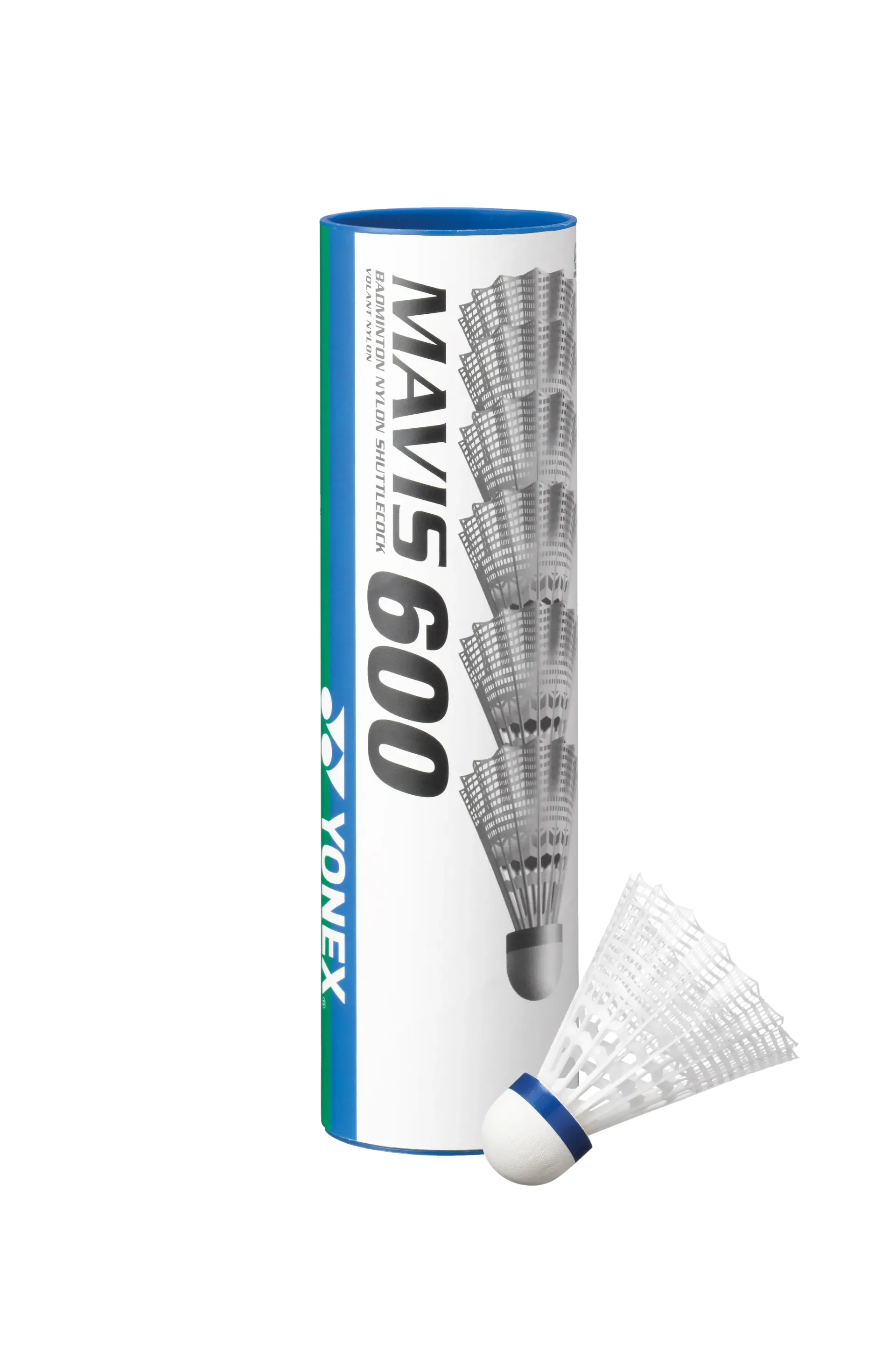 Een yonex mavis 600 badminton shuttlecock met een blauwe handgreep.