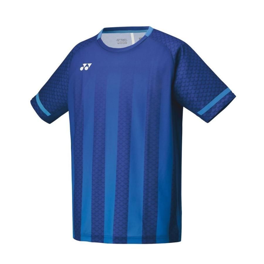 Een blauw gestreept shirt met een yonex-logo op de voorkant