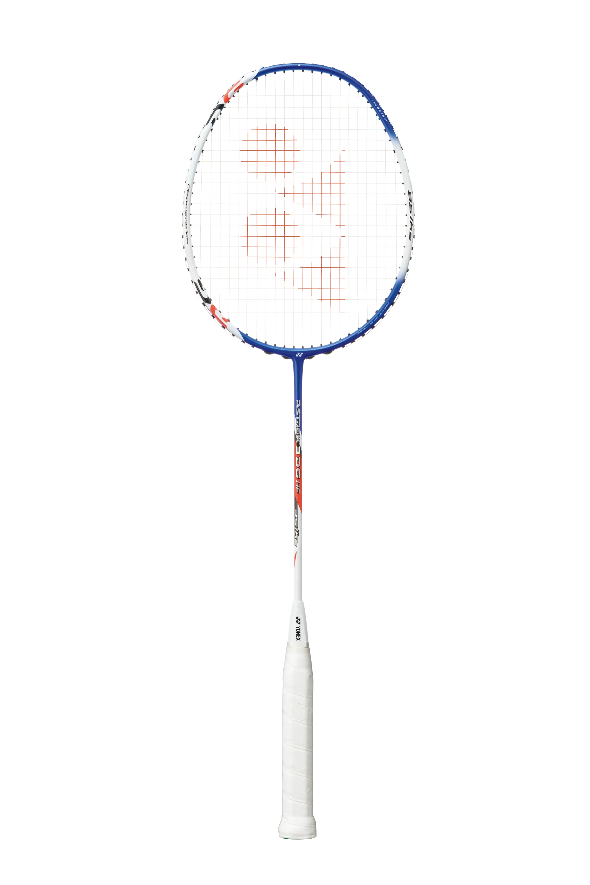 Een blauw-wit badmintonracket op een witte achtergrond.