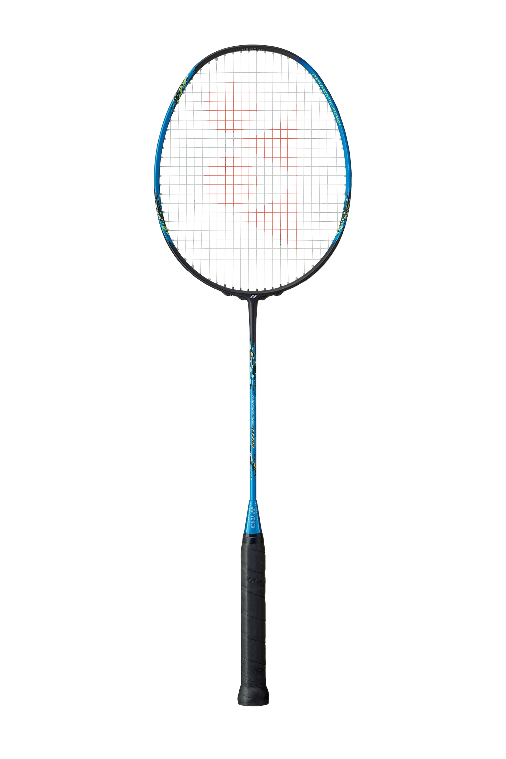 Een blauw en zwart badmintonracket op een witte achtergrond.
