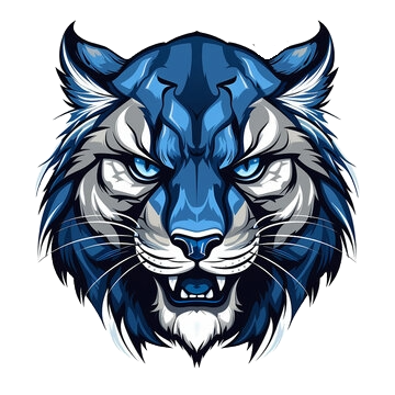 Blue and white cougar head with fierce expression and open mouth.