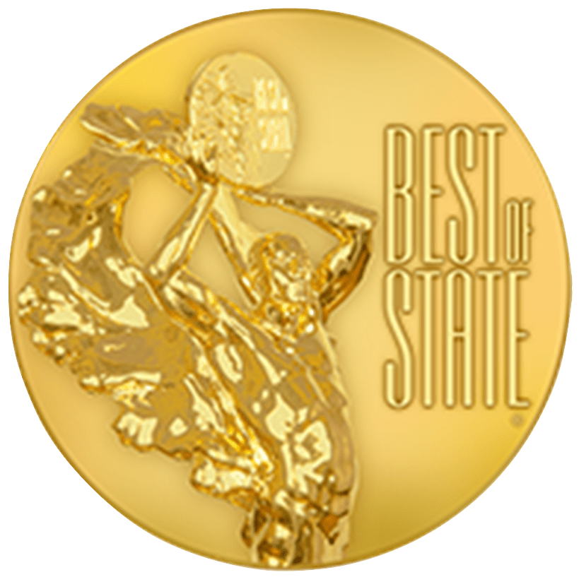 Gold Best of State award with dancing figure. Gold Best of State award with dancing figure.