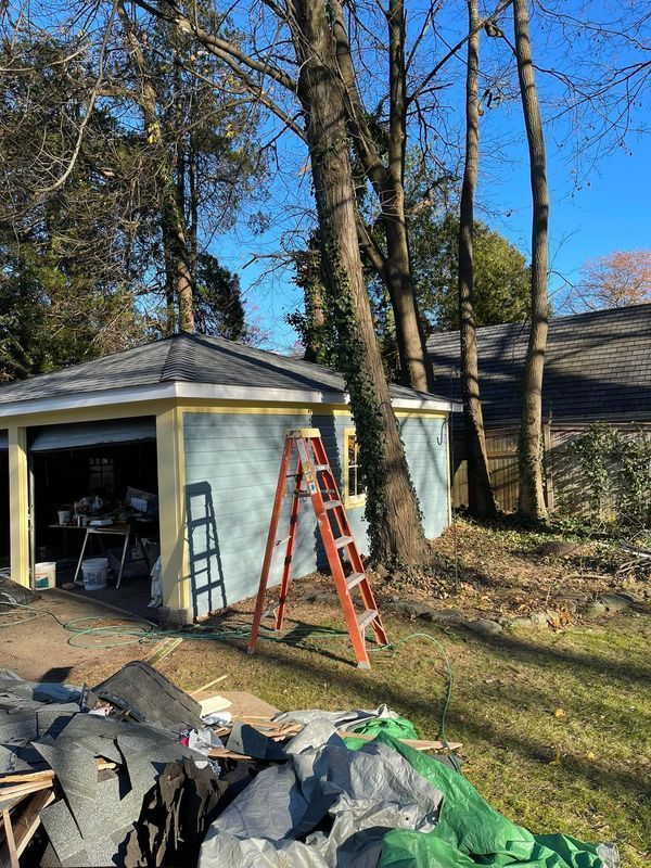 Garage with blue siding and black roof. An orange ladder leans against the building next to a tree.