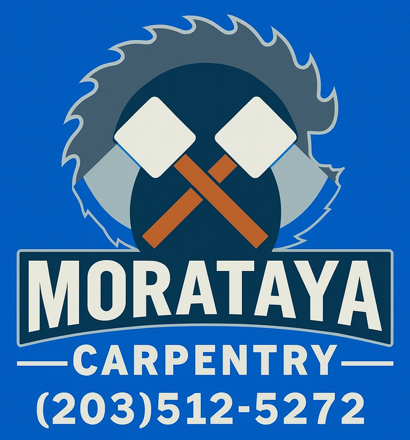 Morataya Carpentry logo: crossed hammers and saw blade over a navy blue circle; blue background with white text.
