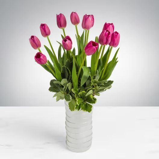 A bouquet of vibrant pink tulips arranged in a cylindrical white glass vase on a white surface.