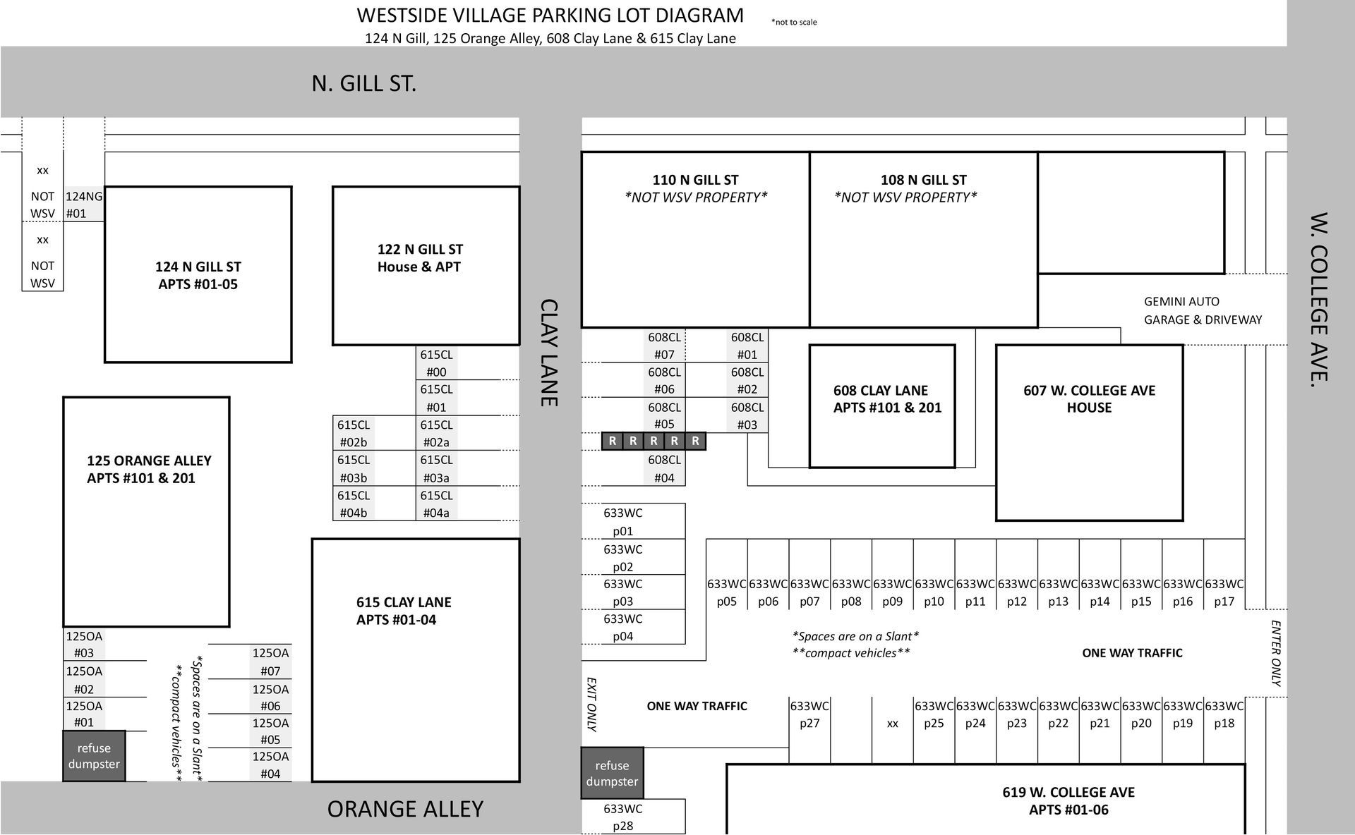 Diagram for Parking lots: 124 N Gill St, 608 Clay Lane and 615 Clay Lane