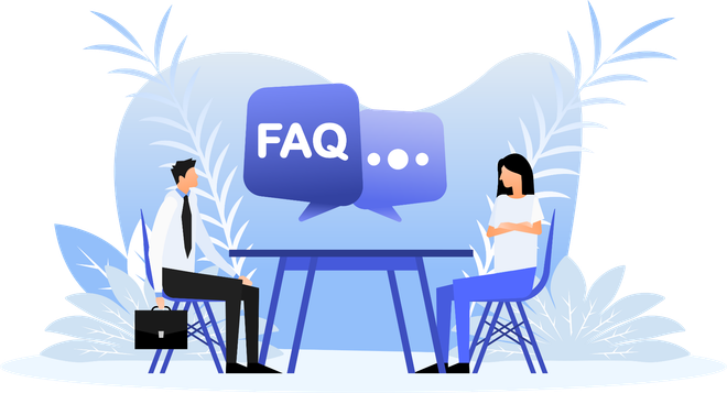 A man and a woman are sitting at a table with a speech bubble that says faq.