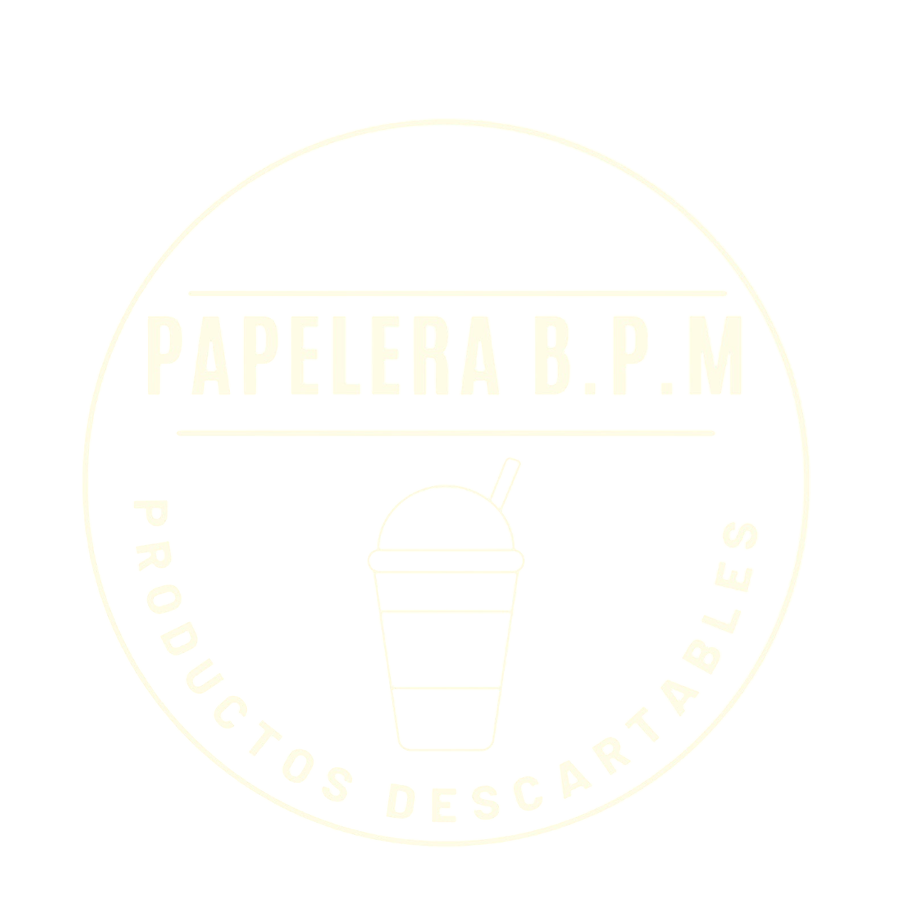 Logotipo de Papelera BPM con un marco circular, texto minimalista y la tenue silueta de una taza.