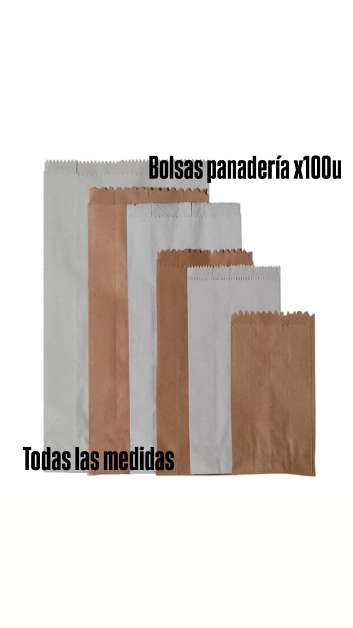Una exhibición de diversas bolsas de papel blancas y marrones para panadería, ordenadas por tamaño.