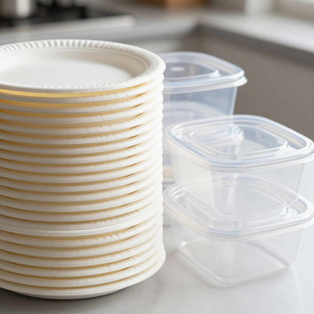Una pila alta de platos de papel blancos junto a dos recipientes de plástico transparente.