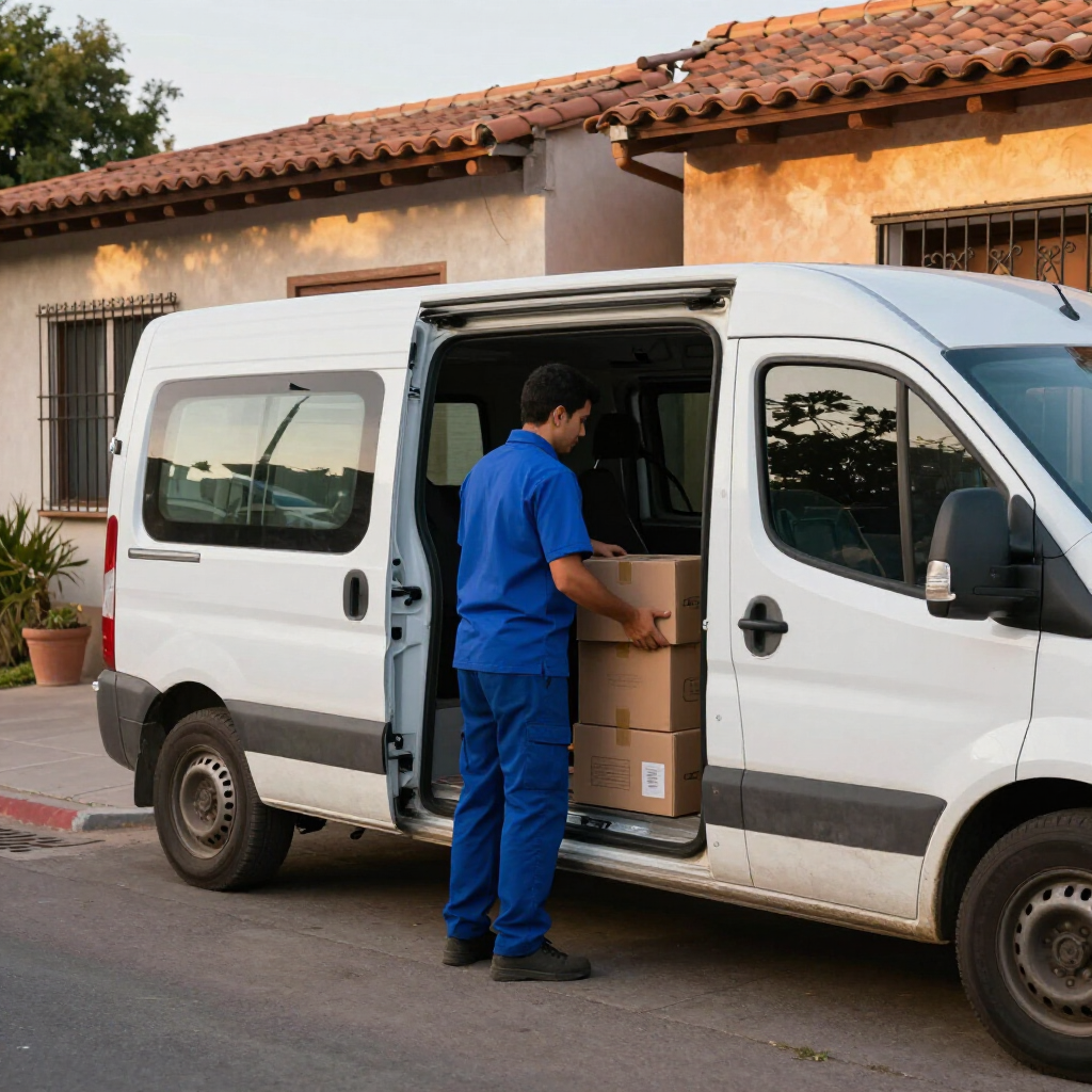 Un trabajador con uniforme azul carga una pila de cajas de cartón en la parte trasera de una furgoneta.