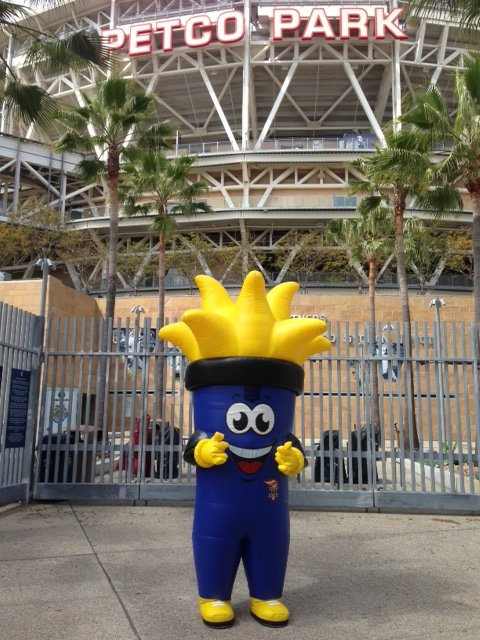 The cal state games mascot in front of Petco Park where the San Diego Padres play