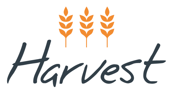 Harvest logo with three orange wheat stalks above black script text