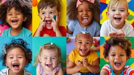 A collage of images of a group of children laughing.