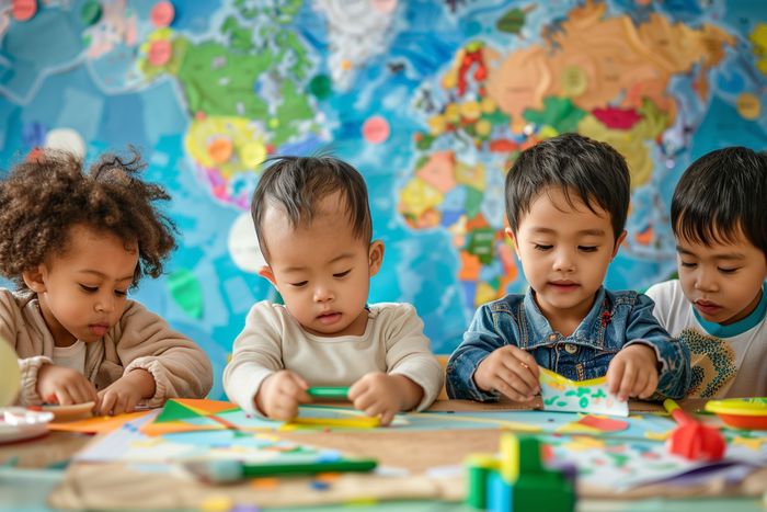 A group of young children are sitting at a table in front of a map of the world.