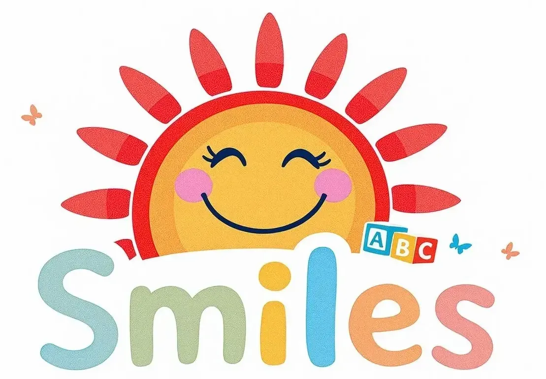 A blue background with yellow text that says smiles child care