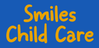 A blue background with yellow text that says smiles child care