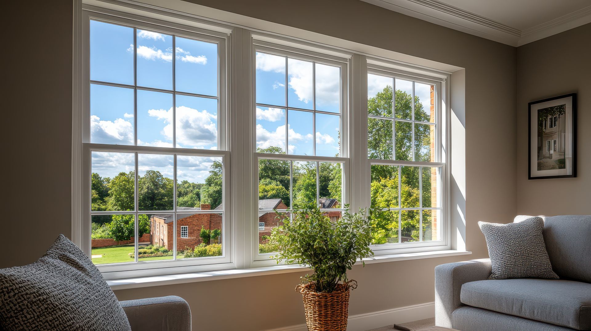 A sunny living room with three large windows overlooking a garden, featuring a potted plant and gray armchairs.