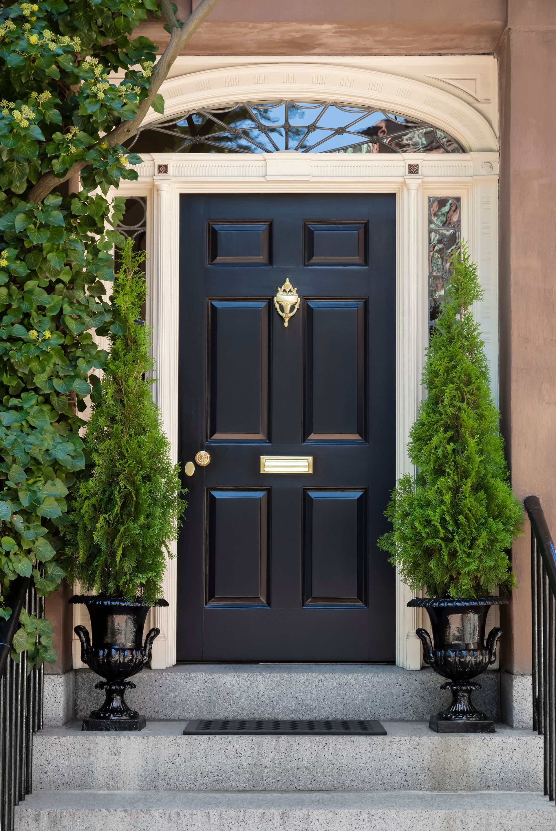 Black door with brass knocker, flanked by potted evergreen trees.