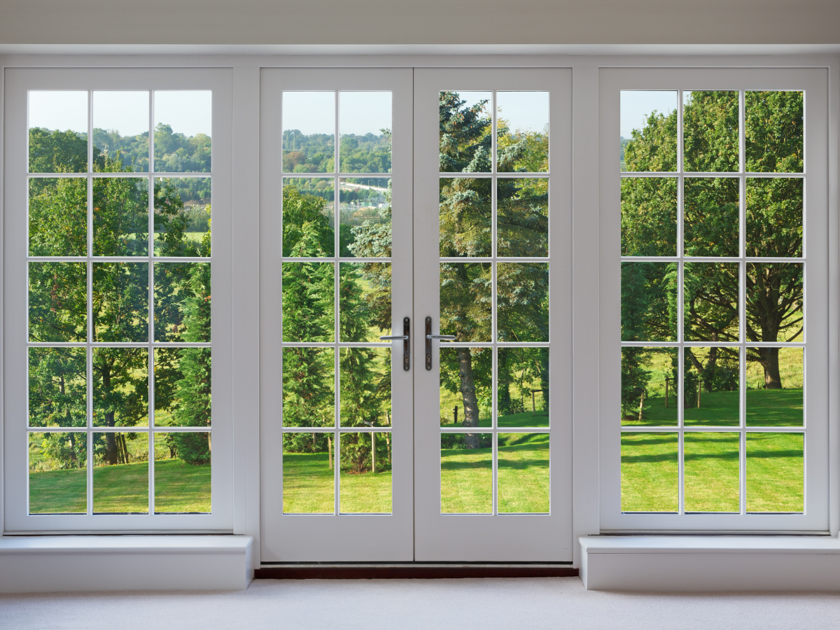 A large window with a view of a park and trees