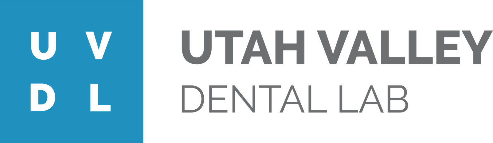 The logo for the utah valley dental lab is blue and white.