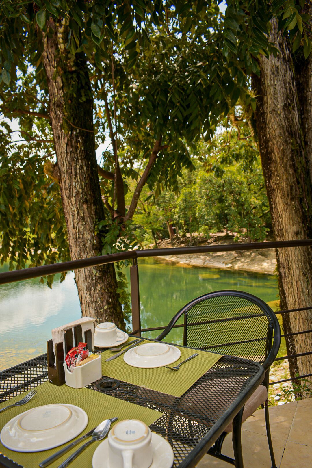 Una mesa con platos, tazas, utensilios y una vista de un lago.