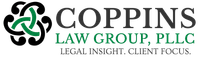 The logo for coppins law group , pllc is black and green.