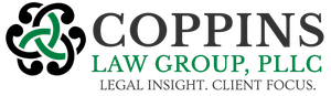 The logo for coppins law group , pllc is black and green.